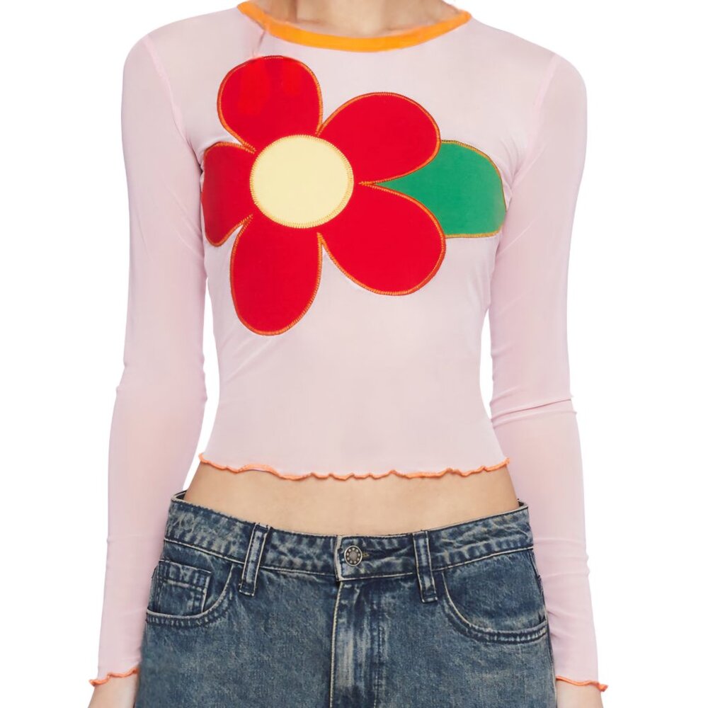 Dolls Kill Delia's Daisy Mesh Crop Long Sleeve Top Flower Floral Pink Orange Red - Picture 2 of 6